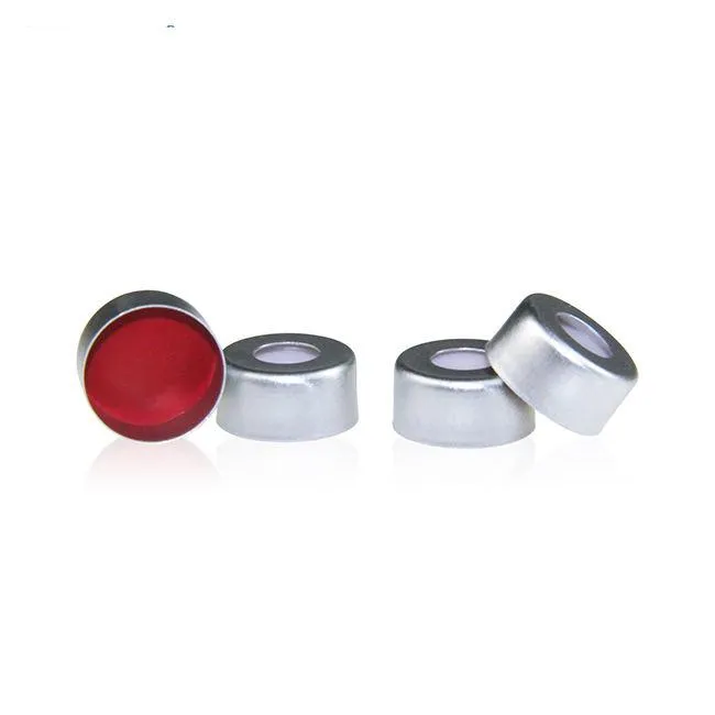 Silver 11mm Open Top Crimp Cap with Red PTFE/ White Silicone Septa 1mm Thick. .Thumbnail 1