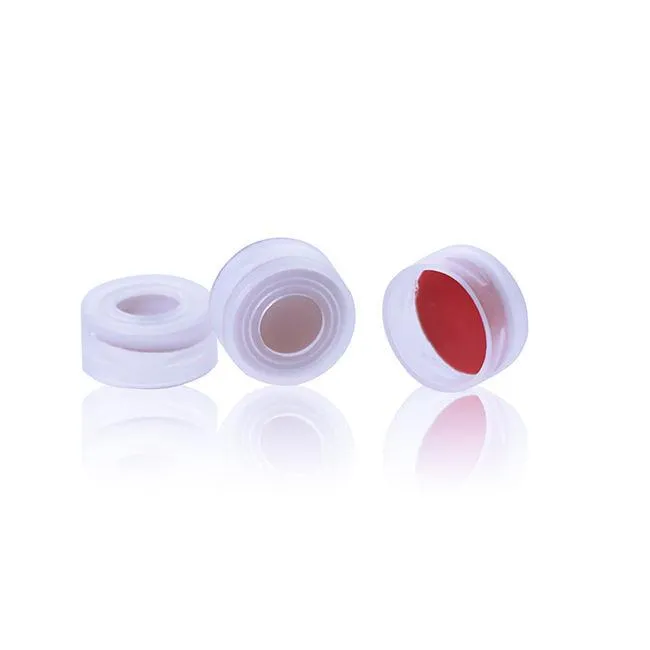 Clear 11mm Open Top Snap Cap with Red PTFE/White Silicone Septa 1mm Thick. .Thumbnail 1