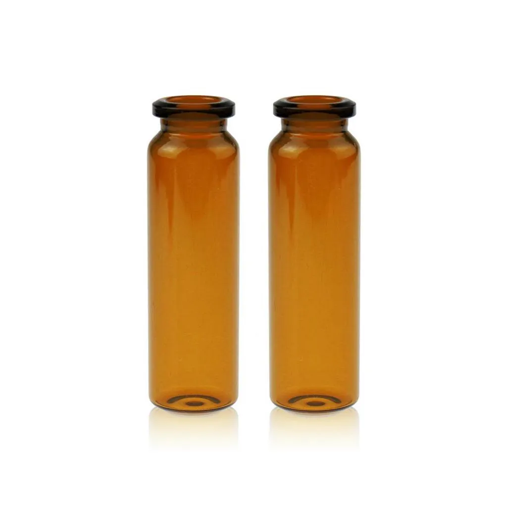 20mL Amber Glass 22.5x75mm Crimp Headspace Vial. 20mm Beveled Edge. Rounded-flat Bottom. Short Neck.Thumbnail 1