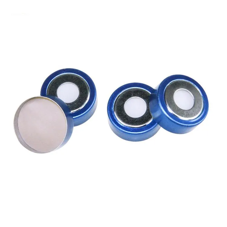 20mm Open Top Bi-Metallic Crimp Cap Blue & Silver with 20mm Natural PTFE/White Silicone Septa 3.0mm Thick.Thumbnail 1