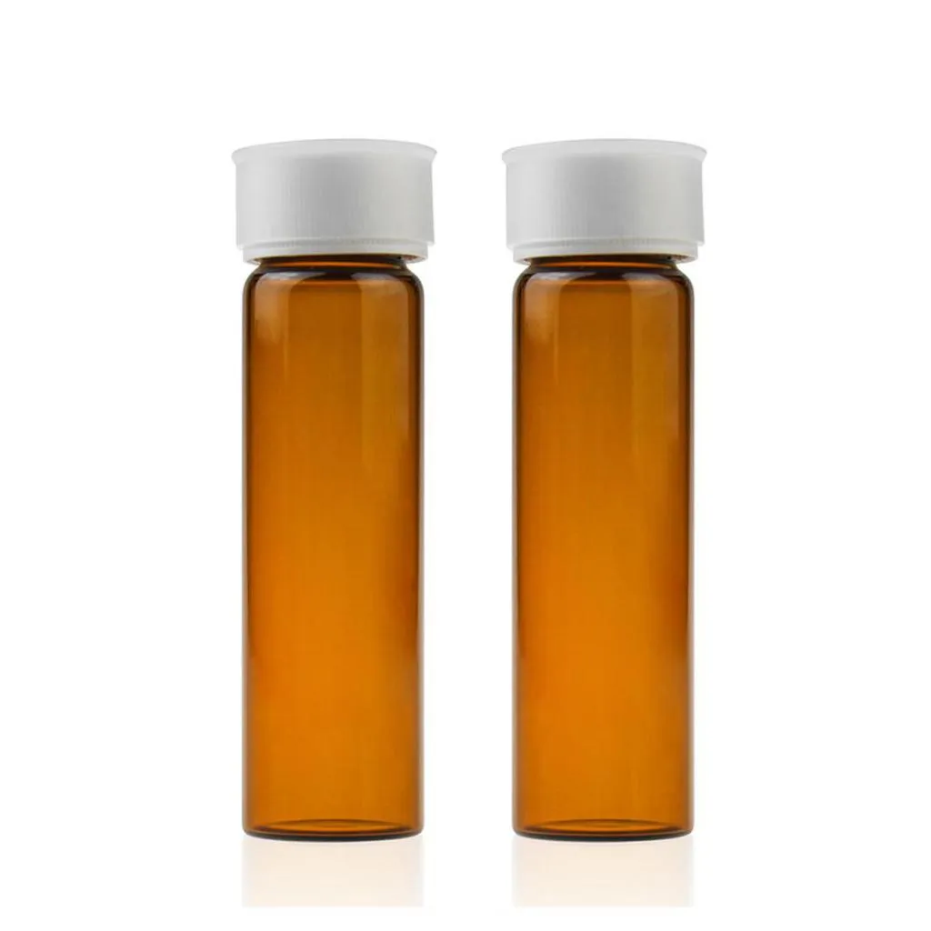 40mL Amber Glass EPA/TOC Vial 27.5x95mm 24-400 White Open Top PP Screw Cap with 22mm Natural PTFE/White Silicone 3.0mm Thick Septa and Dust Cover. Pre-assembled.Thumbnail 1