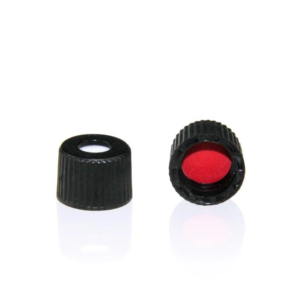 Black 8-425 Open Top Screw Cap with 8mm Red PTFE/White Silicone Septa 1.5mm Thick .Thumbnail 1