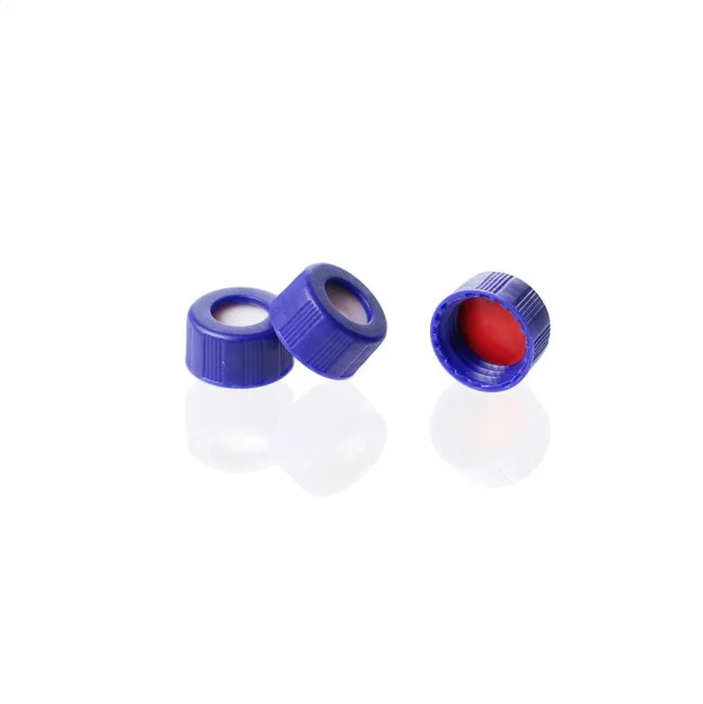 Blue 9-425 Open Top Ribbed Screw Cap with 9mm Red PTFE/White Silicone Septa 1mm Thick .Thumbnail 1
