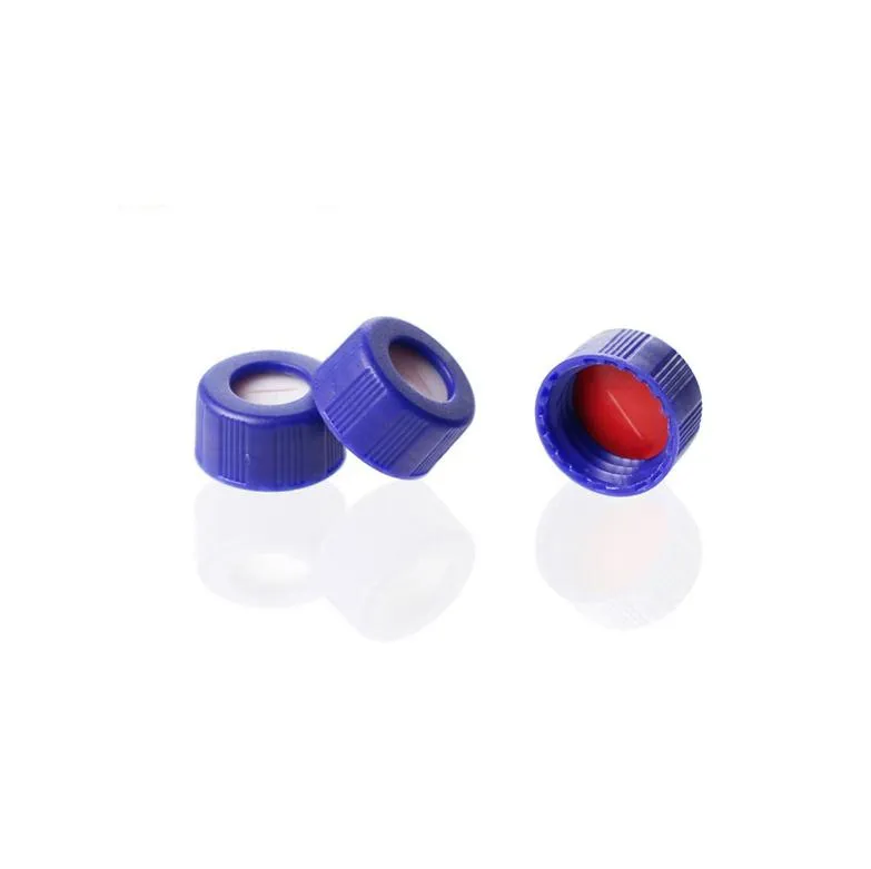 9-425 Blue Open Top Ribbed Screw Cap bonded with 9 mm Red PTFE/White Silicone Septa 1.0mm Thick. Pre-Slit. .Thumbnail 1