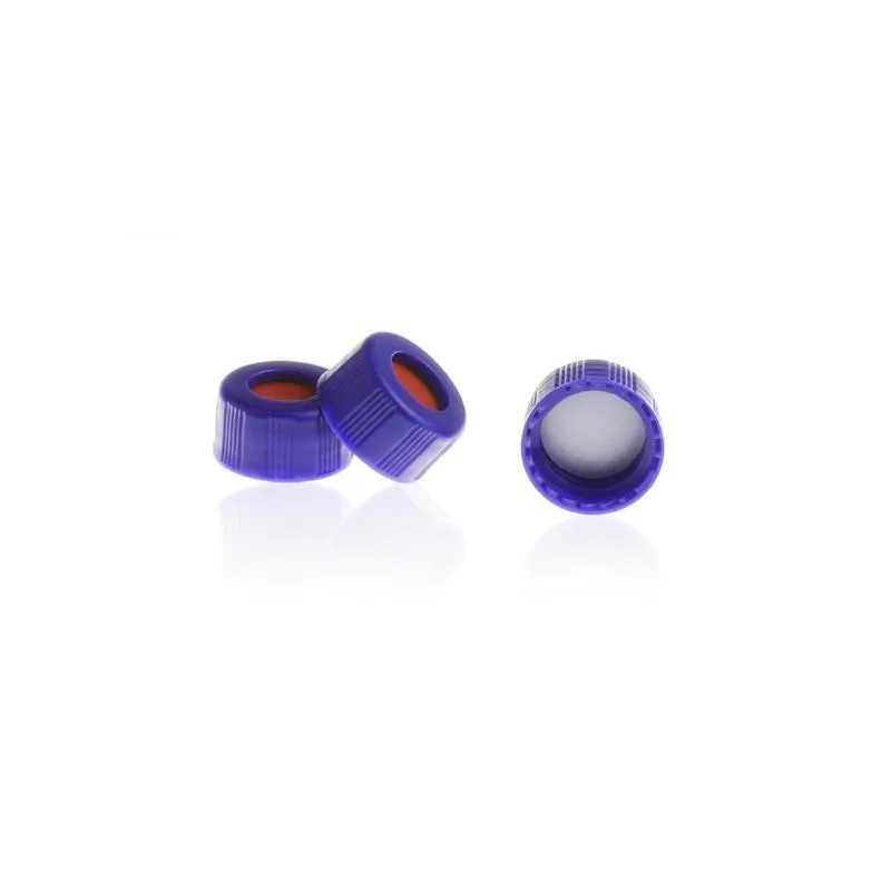 9-425 Blue Open Top Ribbed Screw Cap with 9 mm White PTFE/Red Silicone Septa 1.0mm Thick. .Thumbnail 1