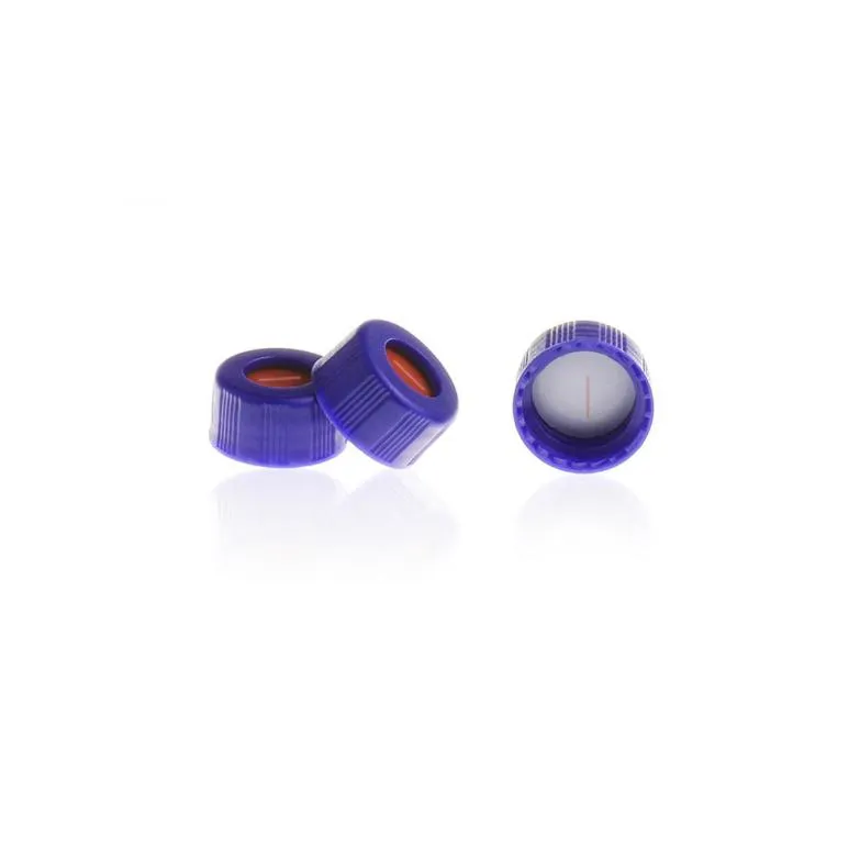 9-425 Blue Open Top Ribbed Screw Cap with 9 mm White PTFE/Red Silicone Septa 1.0mm Thick Pre-Slit. .Thumbnail 1