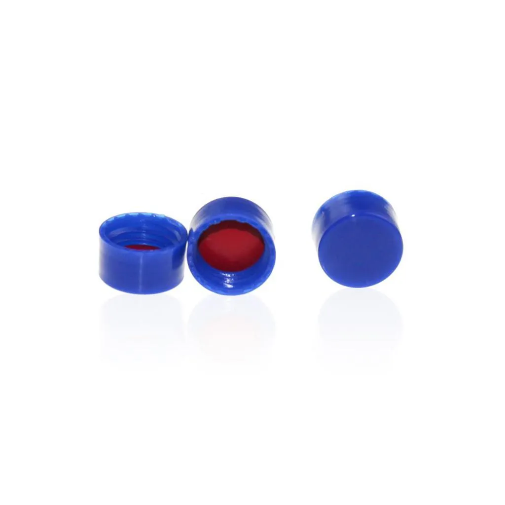 9-425 Blue Smooth Closed PP Top Cap, with Red PTFE/White Silicone Septa 1.0mm Thick. .Thumbnail 1