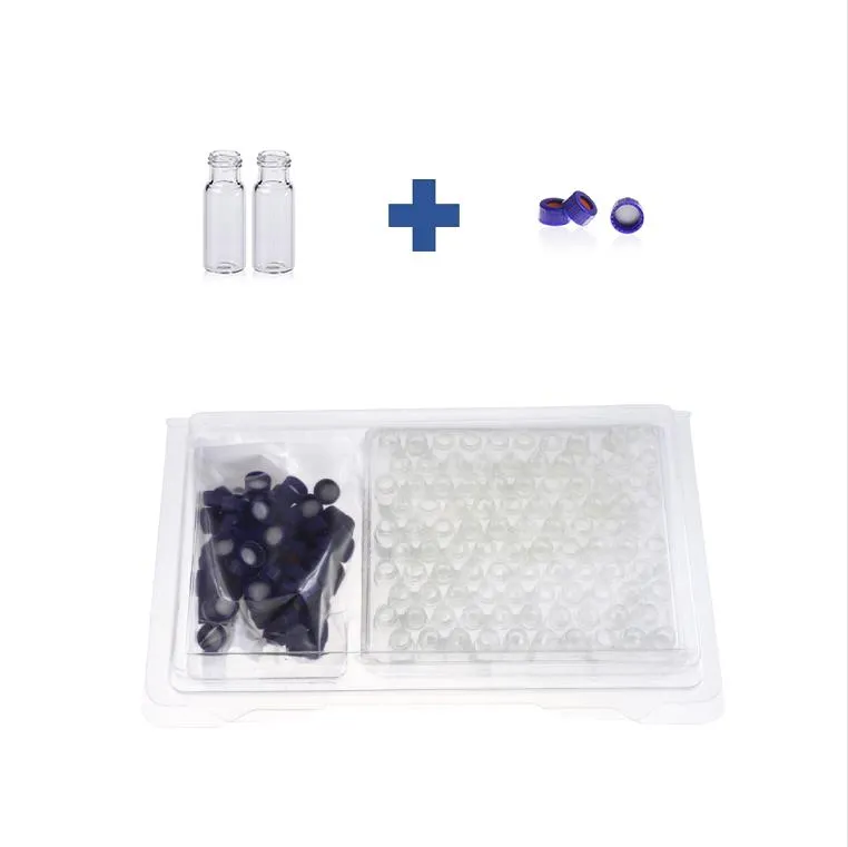 2mL Clear Glass 12x32mm Flat Base 9-425 Screw Thread Vial. Blue 9-425 Open Top Ribbed Screw Cap with 9mm White PTFE/Red Silicone Septa 1mm Thick.Thumbnail 1