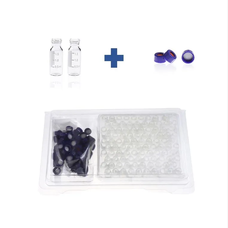 2mL Clear Glass 12x32mm Flat Base 9-425 Screw Thread Vial with Label. Blue 9-425 Open Top Ribbed Screw Cap with 9mm White PTFE/Red Silicone Septa 1mm Thick PRE-SLIT.Thumbnail 1