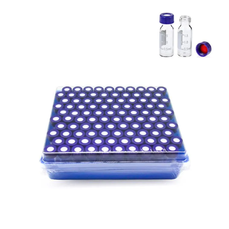 2mL Clear Glass 12x32mm Flat Base 9-425 Screw Thread Vial with Label. Blue 9-425 Open Top Ribbed Screw Cap with 9mm Red PTFE/White Silicone Septa 1mm Thick . Blue Kit?Packing.Thumbnail 1