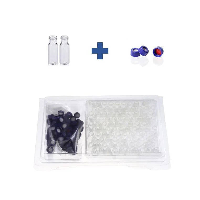 2mL Clear Glass 12x32mm Flat Base 9-425 Screw Thread Vial. Blue 9-425 Open Top Ribbed Screw Cap with 9mm Red PTFE/White Silicone Septa 1mm Thick PRE-SLIT.Thumbnail 1