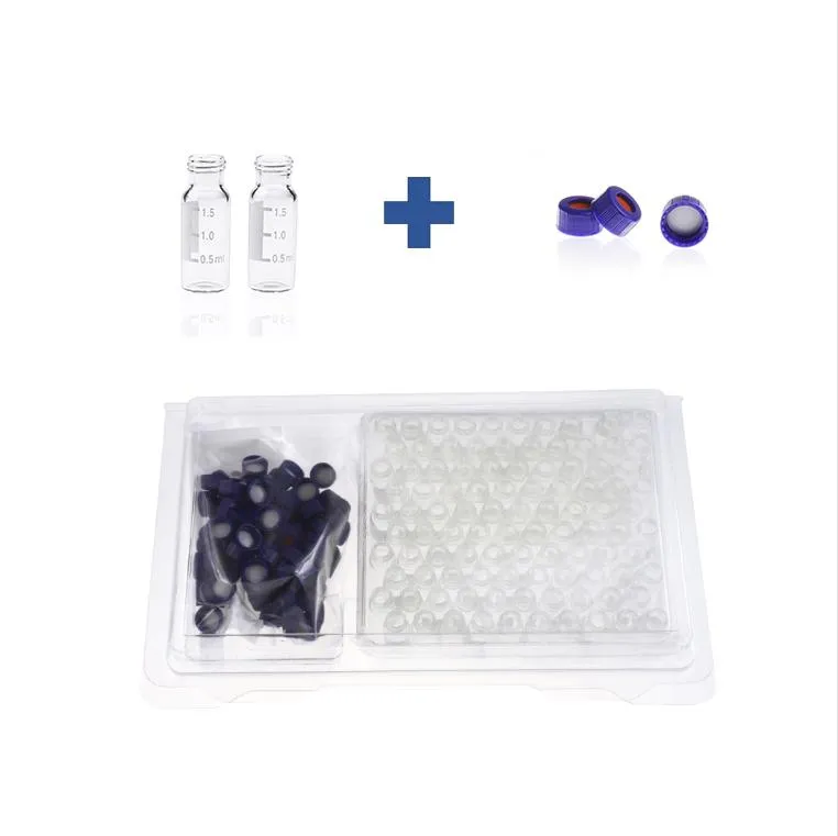 2mL Clear Glass 12x32mm Flat Base 9-425 Screw Thread Vial with Label. Blue 9-425 Open Top Ribbed Screw Cap with 9mm White PTFE/Red Silicone Septa 1mm Thick.Thumbnail 1